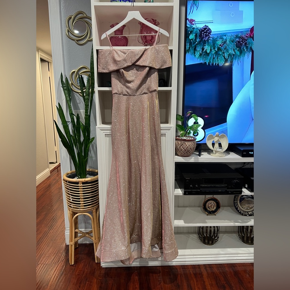 Betsy & Adam Off-Shoulder Glitter Gown